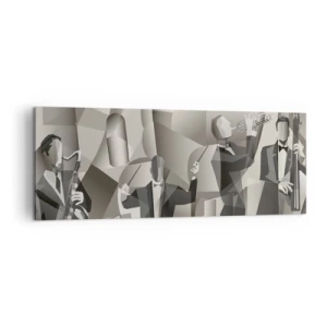 Quadro su tela - Stampe su Tela - Scena astratta con musicisti jazz in tonalità di grigio. - 140x50cm - Nello spazio dei suono - Decorazione murale moderna per soggiorno e camera da letto ARTTOR