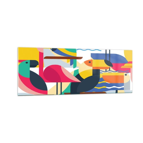 Quadro su vetro - Uccelli colorati in una composizione astratta e geometrica - 140x50cm - La festa degli uccelli - Decorazione murale moderna per soggiorno e camera da letto ARTTOR