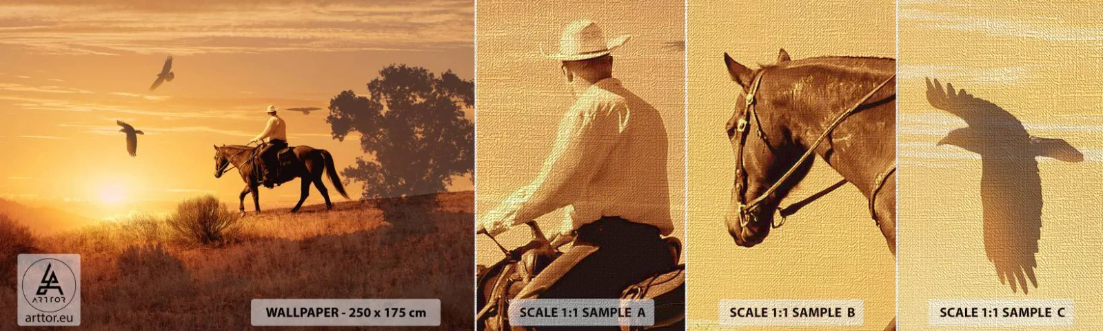 Campione di Fotomurale Premium Canvas - Da solo nella prateria - Cavallo, Cowboy, Paesaggio - 100x30 cm