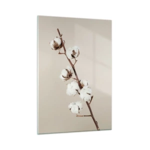 Quadro su vetro - Un rametto di cotone su uno sfondo chiaro e minimalista - 50x70cm - Alla fonte della morbidezza - Decorazione murale moderna per soggiorno e camera da letto ARTTOR