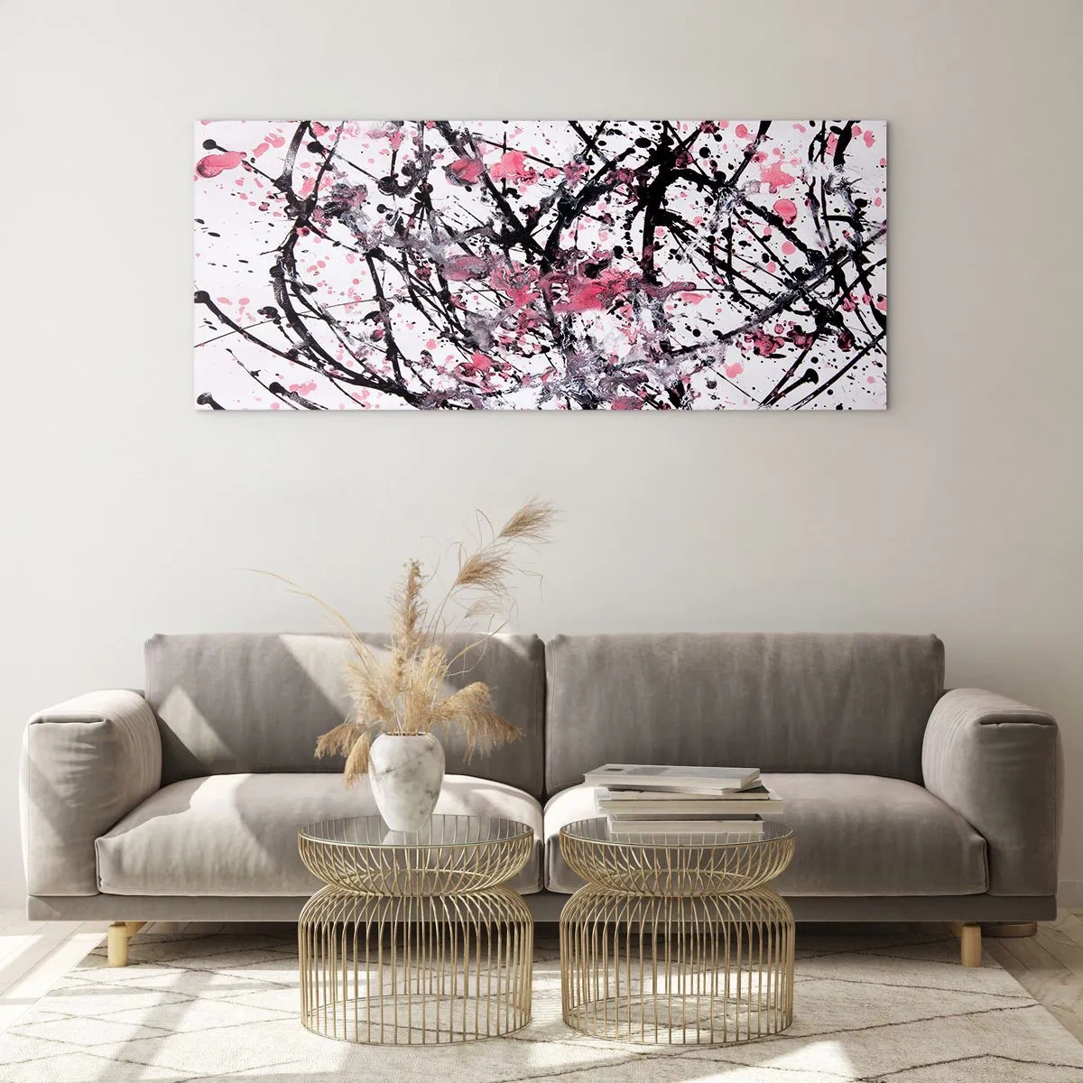 Quadro su vetro - Motivo astratto nei toni del rosa, nero e bianco - 120x50cm - La natura passeggera della vita - Decorazione murale moderna per soggiorno e camera da letto ARTTOR