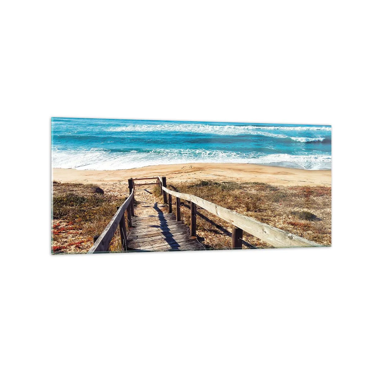 Quadro su vetro - Sentiero in legno che conduce alla spiaggia - 120x50cm - Corri! - Decorazione murale moderna per soggiorno e camera da letto ARTTOR