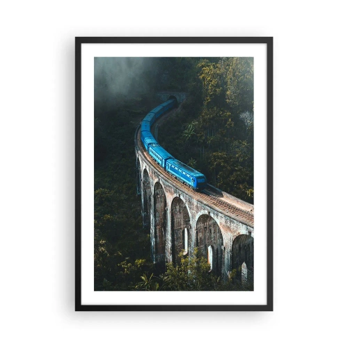 Poster in cornice nera - Un treno blu che passa su un pittoresco viadotto - 50x70cm - Attrazione della natura - Decorazione murale moderna per soggiorno e camera da letto ARTTOR