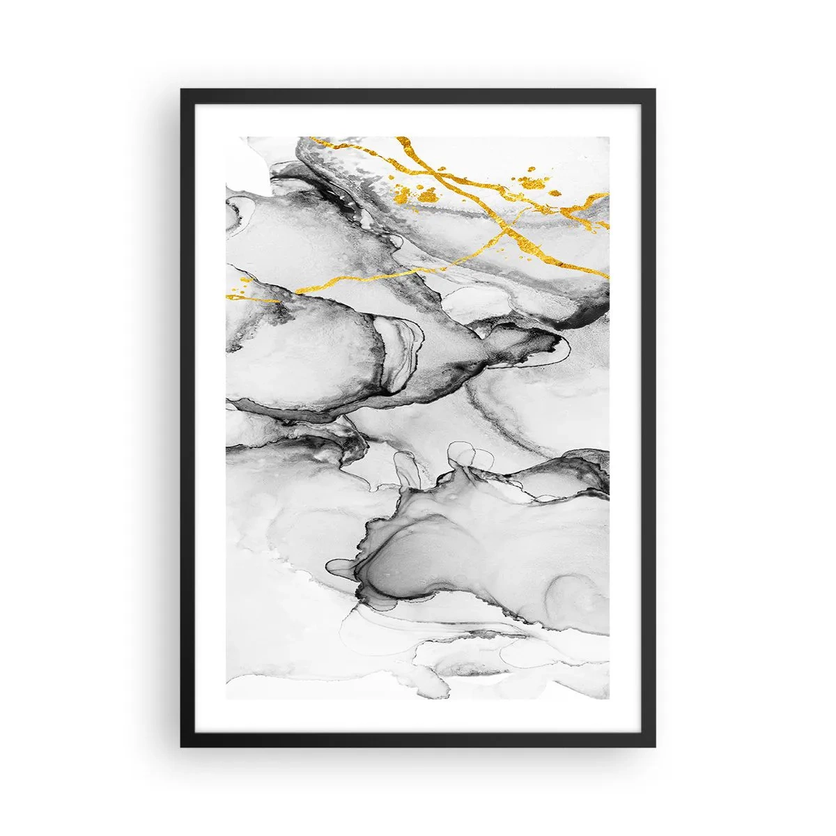 Poster in cornice nera - Una composizione astratta nei toni del grigio con accenti dorati. - 50x70cm - Composizione con motivo d'oro - Decorazione murale moderna per soggiorno e camera da letto ARTTOR