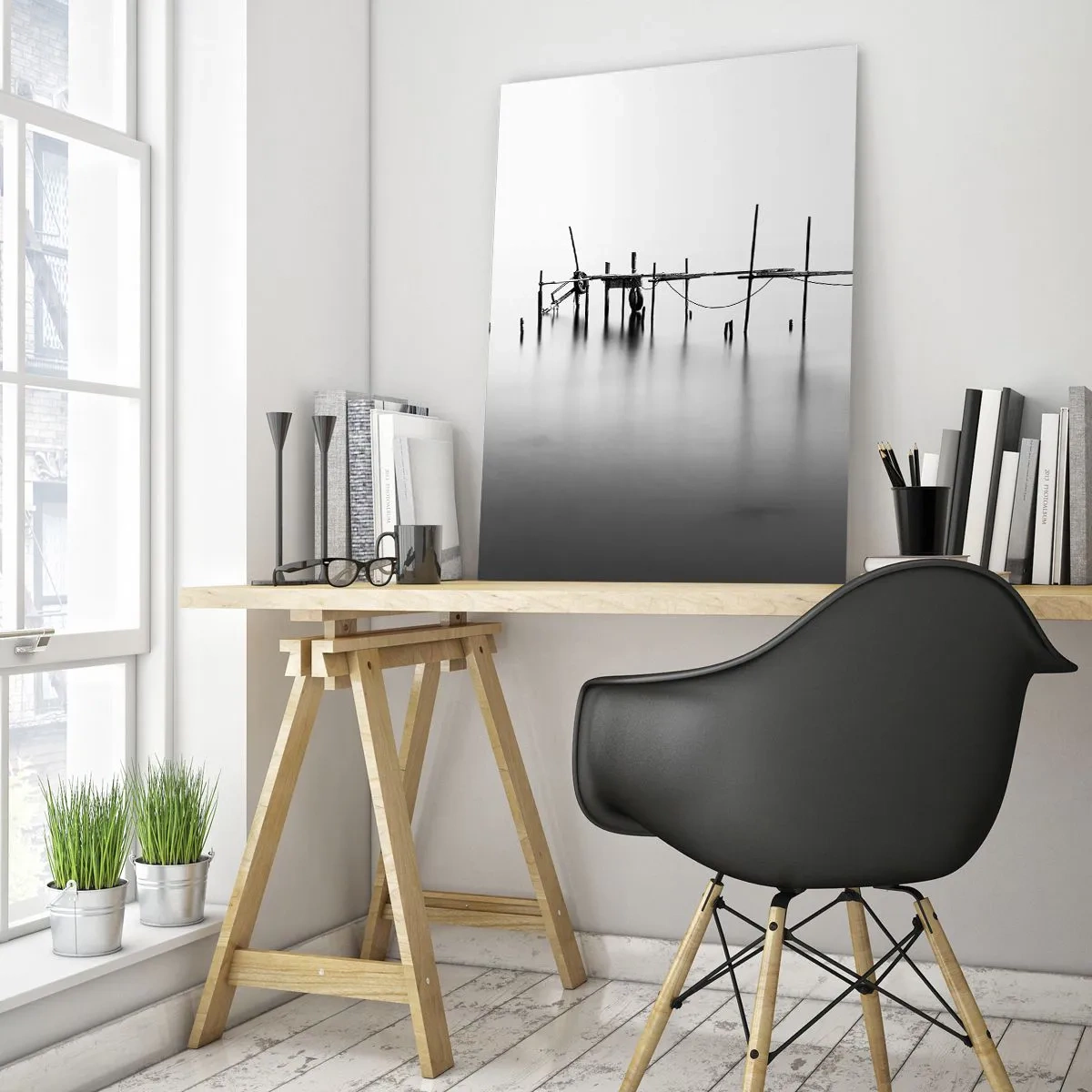 Quadro su vetro - Un molo bianco e nero su una superficie d'acqua calma - 50x70cm - E se la luce non c'è? - Decorazione murale moderna per soggiorno e camera da letto ARTTOR