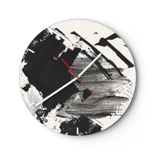 Orologio da parete - Orologio in Vetro - Astrazione dinamica in bianco e nero con pennellate ampie - 30x30cm - Astrazione: espressione di nero - Decorazione murale moderna per soggiorno, cucina e camera da letto ARTTOR