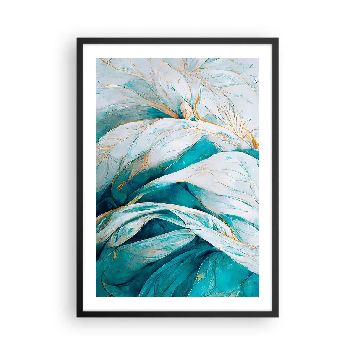 Poster in cornice nera - Foglie astratte nei toni del turchese e del bianco con delicato oro - 50x70cm - Astrazione blu con motivi d'oro - Decorazione murale moderna per soggiorno e camera da letto ARTTOR