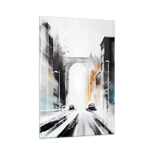 Quadro su vetro - Panorama astratto della città con un ponte ad arco - 80x120cm - Studio di città: architettura e movimento - Decorazione murale moderna per soggiorno e camera da letto ARTTOR