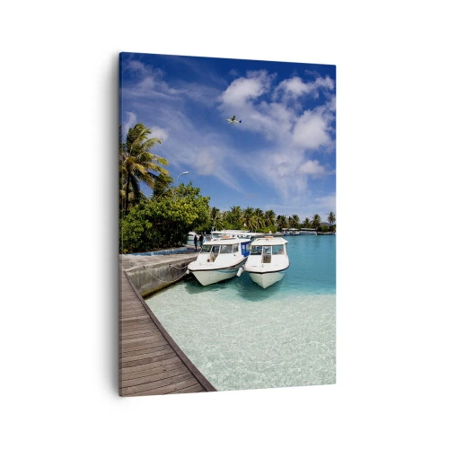 Quadro su tela - Stampe su Tela - Un molo su un mare turchese con barche e palme - 50x70cm - Il paradiso esiste davvero - Decorazione murale moderna per soggiorno e camera da letto ARTTOR