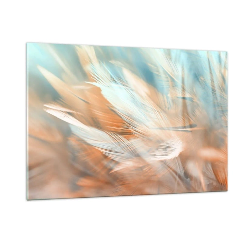 Quadro su vetro - Delicate piume nei toni pastello del turchese e della pesca - 120x80cm - Nel paese della mitezza - Decorazione murale moderna per soggiorno e camera da letto ARTTOR