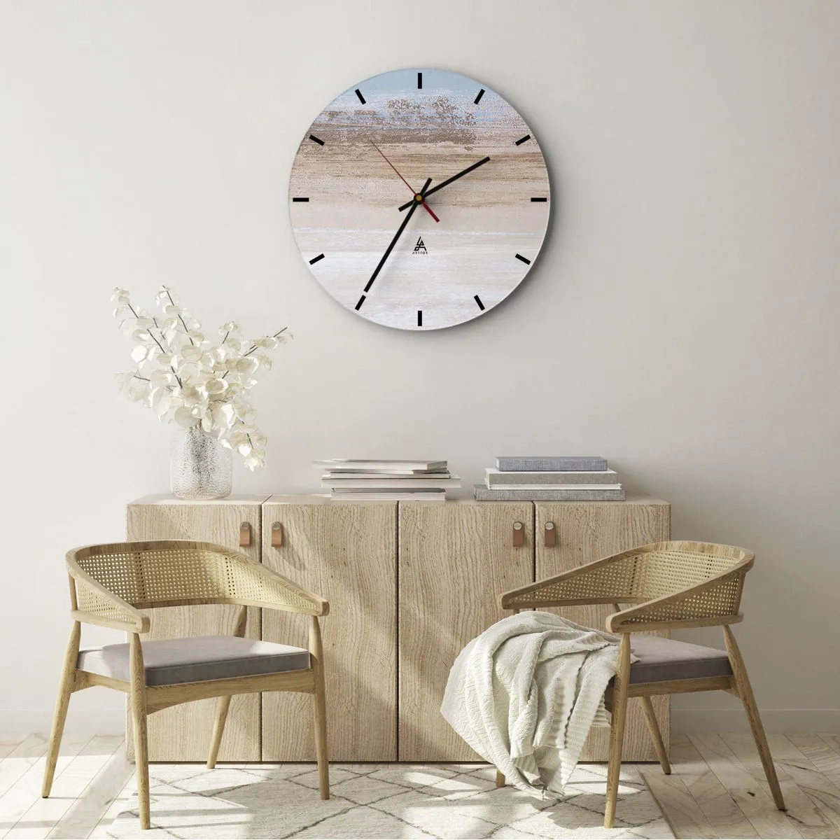 Orologio da parete - Orologio in Vetro - Paesaggio pastello con strisce orizzontali di blu e beige. - 30x30cm - Paesaggio incerto - Decorazione murale moderna per soggiorno, cucina e camera da letto ARTTOR