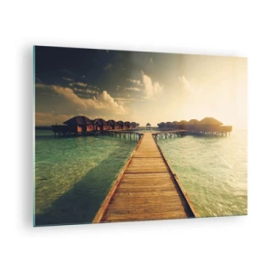 Quadro su vetro - Il molo che conduce ai cottage sul lungomare al tramonto - 70x50cm - Caldo invito - Decorazione murale moderna per soggiorno e camera da letto ARTTOR