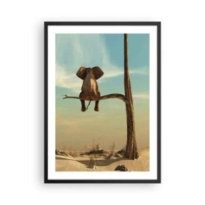 Poster in cornice nera - Un elefante seduto su un ramo con un paesaggio desertico sullo sfondo. - 50x70cm - Nuovo punto di vista - Decorazione murale moderna per soggiorno e camera da letto ARTTOR