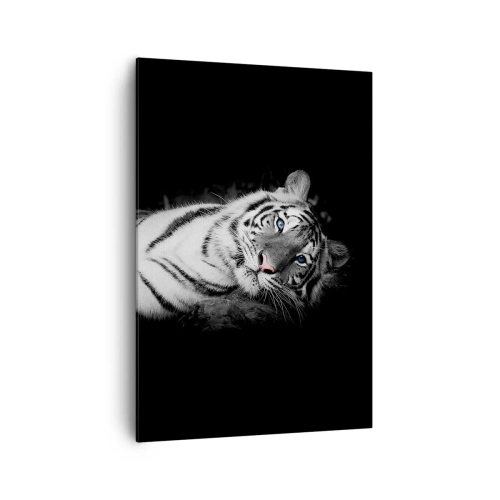 Quadro su tela - Stampe su Tela - Una tigre bianca artisticamente raffigurata su uno sfondo nero - 70x100cm - Selvaggità e pace - Decorazione murale moderna per soggiorno e camera da letto ARTTOR