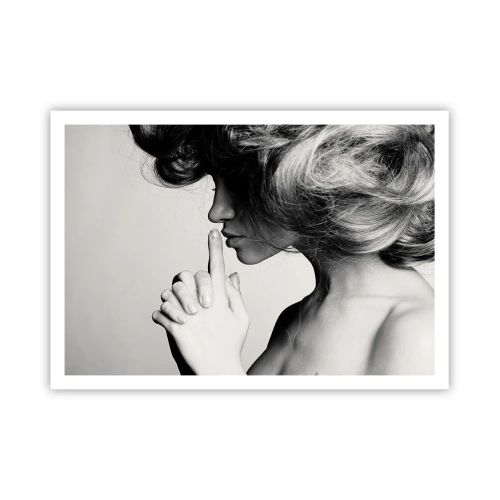 Poster - Profilo in bianco e nero di una donna che fa un gesto di silenzio - 100x70cm - Ascoltando se stessa - Decorazione murale moderna per soggiorno e camera da letto ARTTOR