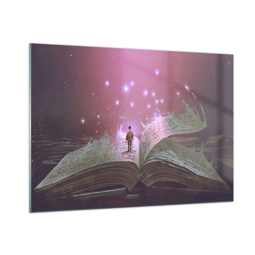 Quadro su vetro - Un libro aperto da cui fluttuano luci e stelle magiche - 100x70cm - Invito ad un altro mondo: leggi! - Decorazione murale moderna per soggiorno e camera da letto ARTTOR