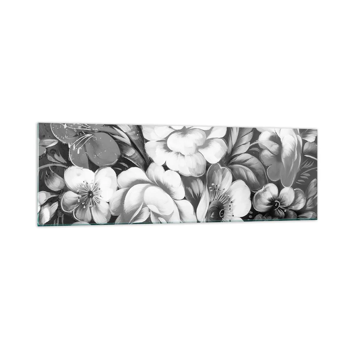 Quadro su vetro - Fiori bianchi e neri in una composizione classica ed elegante - 160x50cm - Belli anche in grigio - Decorazione murale moderna per soggiorno e camera da letto ARTTOR