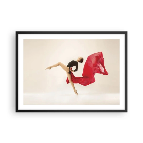 Poster in cornice nera - Una ballerina dinamica in movimento con un abito nero e tessuto rosso. - 70x50cm - Rosso e nero - Decorazione murale moderna per soggiorno e camera da letto ARTTOR