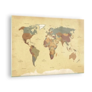 Quadro su vetro - Una mappa del mondo nei toni del beige e del marrone su uno sfondo vintage. - 70x50cm - Per te: tutto il mondo - Decorazione murale moderna per soggiorno e camera da letto ARTTOR