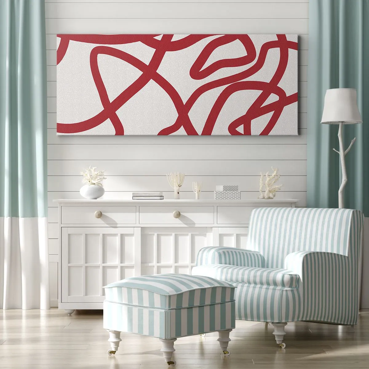 Quadro su tela - Stampe su Tela - Linee astratte rosse su sfondo bianco - 160x50cm - Rosso su bianco - Decorazione murale moderna per soggiorno e camera da letto ARTTOR