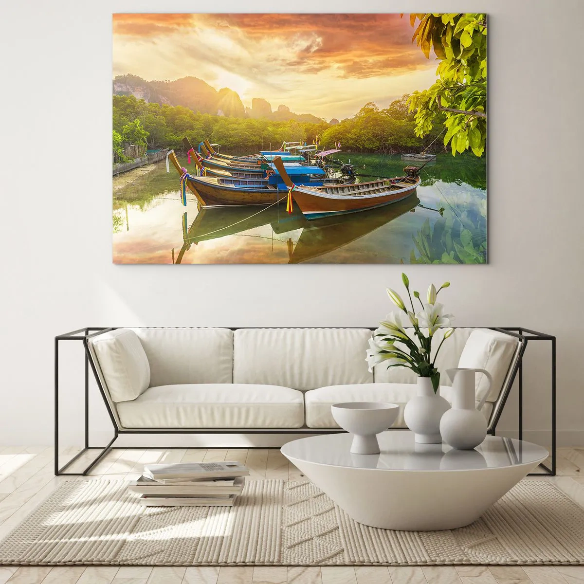 Quadro su vetro - Barche tradizionali in un paesaggio tropicale al tramonto - 120x80cm - Prima di un giorno di lavoro - Decorazione murale moderna per soggiorno e camera da letto ARTTOR