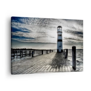 Quadro su tela - Stampe su Tela - Faro su un molo di legno con vista sul mare. - 70x50cm - Marinai, vi aspettiamo - Decorazione murale moderna per soggiorno e camera da letto ARTTOR