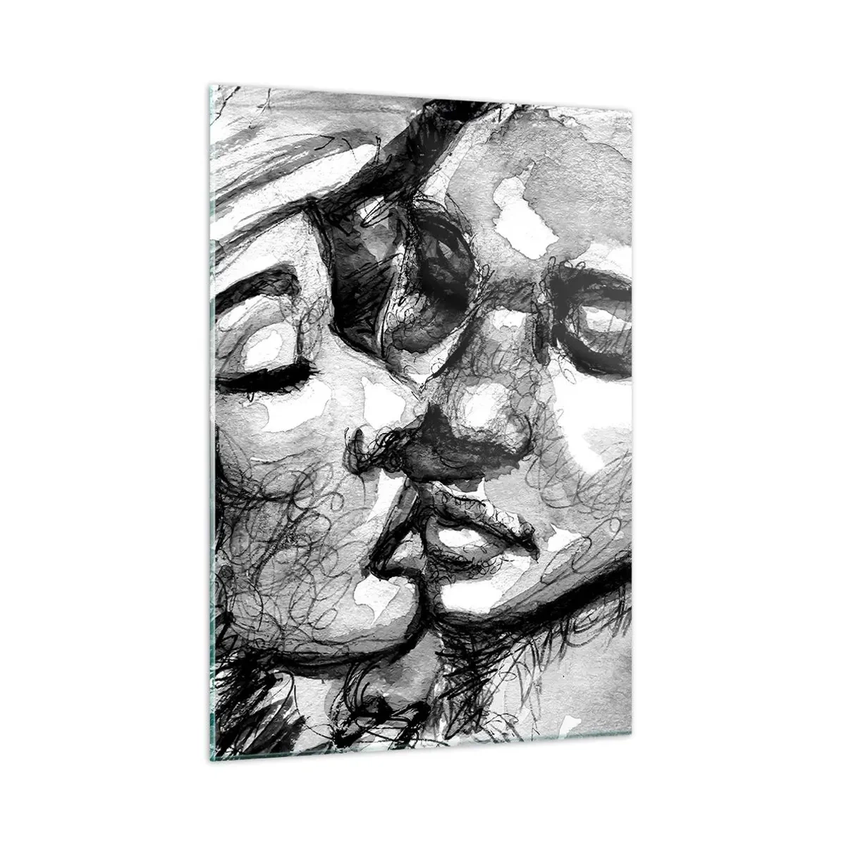 Quadro su vetro - Schizzo in bianco e nero di un tenero bacio - 50x70cm - Un attimo di tenerezza - Decorazione murale moderna per soggiorno e camera da letto ARTTOR