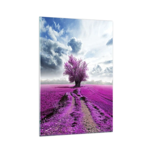 Quadro su vetro - Un albero solitario in un campo in una tonalità di rosa intenso - 70x100cm - Brughiera selvatica - Decorazione murale moderna per soggiorno e camera da letto ARTTOR