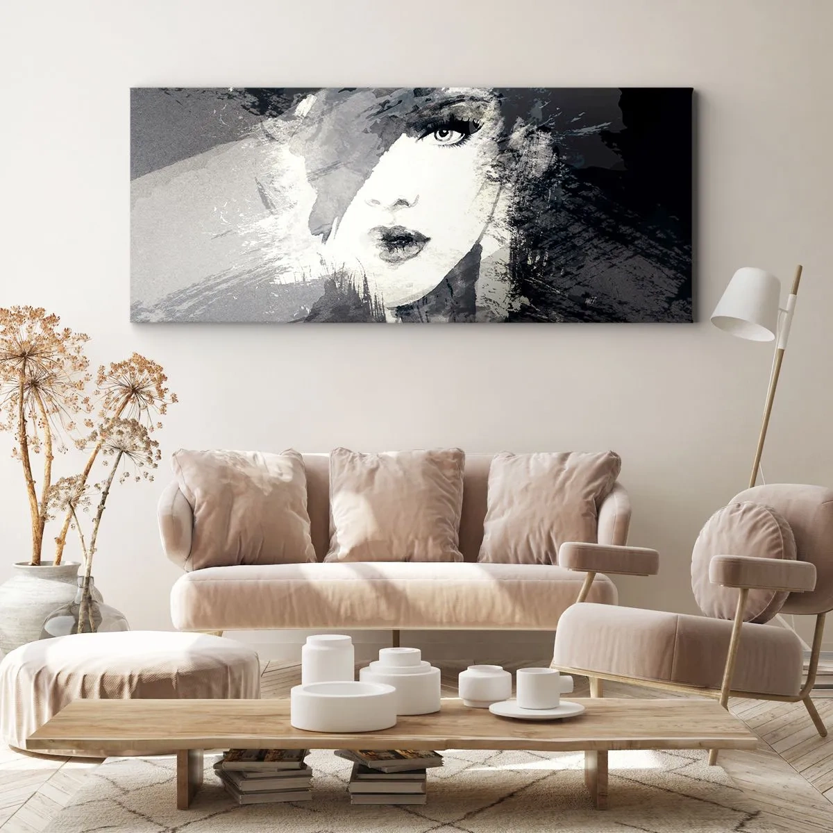 Quadro su tela - Stampe su Tela - Un ritratto astratto di una donna in tonalità di grigio con delicati accenti. - 160x50cm - Dietro un velo grigio - Decorazione murale moderna per soggiorno e camera da letto ARTTOR