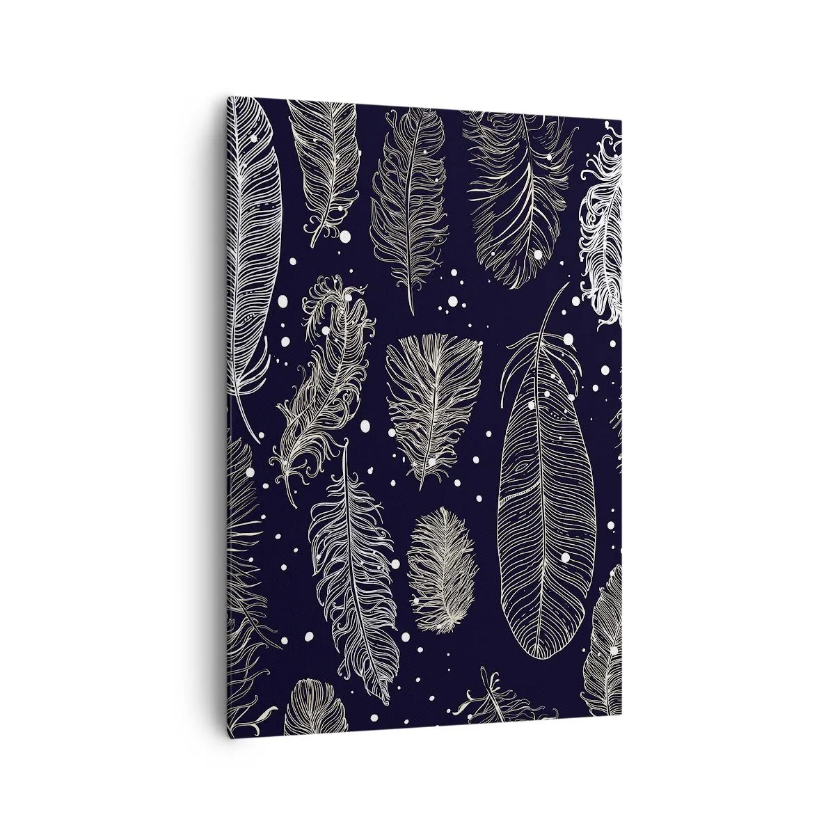 Quadro su tela - Stampe su Tela - Delicate piume bianche su sfondo blu navy - 70x100cm - Pizzo piumato - Decorazione murale moderna per soggiorno e camera da letto ARTTOR