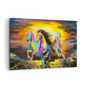 Quadro su tela - Stampe su Tela - Cavalli colorati al galoppo sullo sfondo del sole al tramonto - 100x70cm - Immersi nell'arcobaleno - Decorazione murale moderna per soggiorno e camera da letto ARTTOR