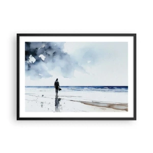 Poster in cornice nera - Una figura su una spiaggia in un ambiente marino calmo - 70x50cm - Dialogo con il mare - Decorazione murale moderna per soggiorno e camera da letto ARTTOR