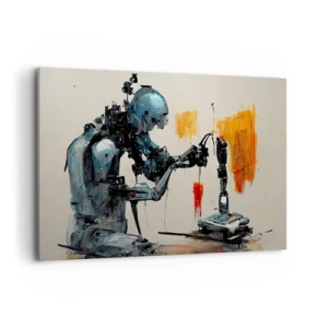 Quadro su tela - Stampe su Tela - Robot al lavoro con sfondo astratto - 120x80cm - È già domani... - Decorazione murale moderna per soggiorno e camera da letto ARTTOR