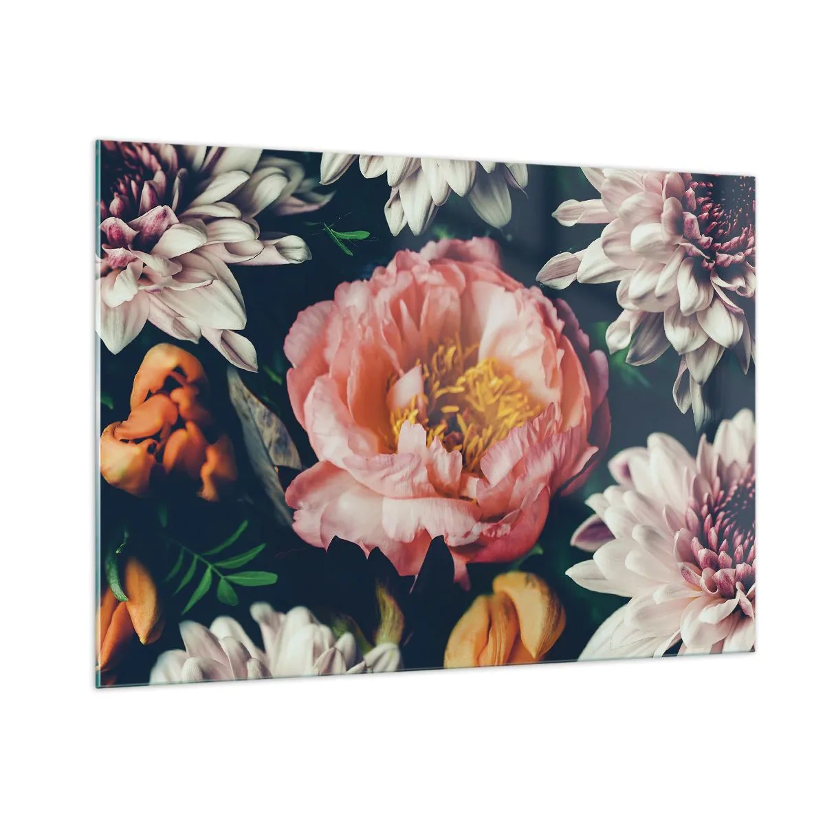 Quadro su vetro - Primo piano di peonie e crisantemi in tonalità pastello - 100x70cm - Con fasto barocco - Decorazione murale moderna per soggiorno e camera da letto ARTTOR