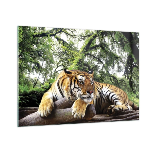 Quadro su vetro - Una tigre che riposa in una verde foresta tropicale - 100x70cm - Con espressioni di stima - Decorazione murale moderna per soggiorno e camera da letto ARTTOR