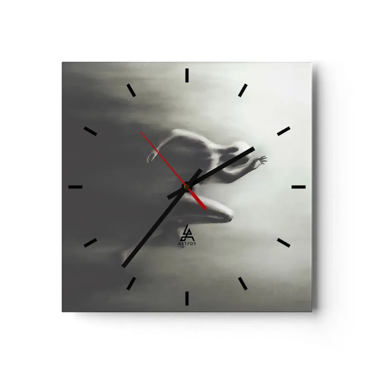 Orologio da parete - Orologio in Vetro - Una silhouette in bianco e nero di una figura in corsa, realizzata in uno stile dinamico e surreale. - 30x30cm - Inarrestabile - Decorazione murale moderna per soggiorno e camera da letto ARTTOR