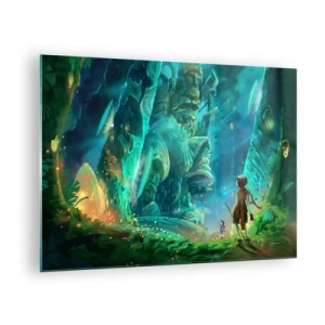 Quadro su vetro - Paesaggio fantastico con una figura e un'antica statua nella foresta - 70x50cm - Dal grande Libro delle Fiabe - Decorazione murale moderna per soggiorno e camera da letto ARTTOR