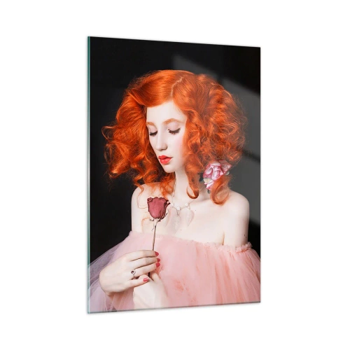 Quadro su vetro - Ritratto di una donna con i capelli rossi e una rosa su uno sfondo scuro - 50x70cm - In stile barocco - Decorazione murale moderna per soggiorno e camera da letto ARTTOR