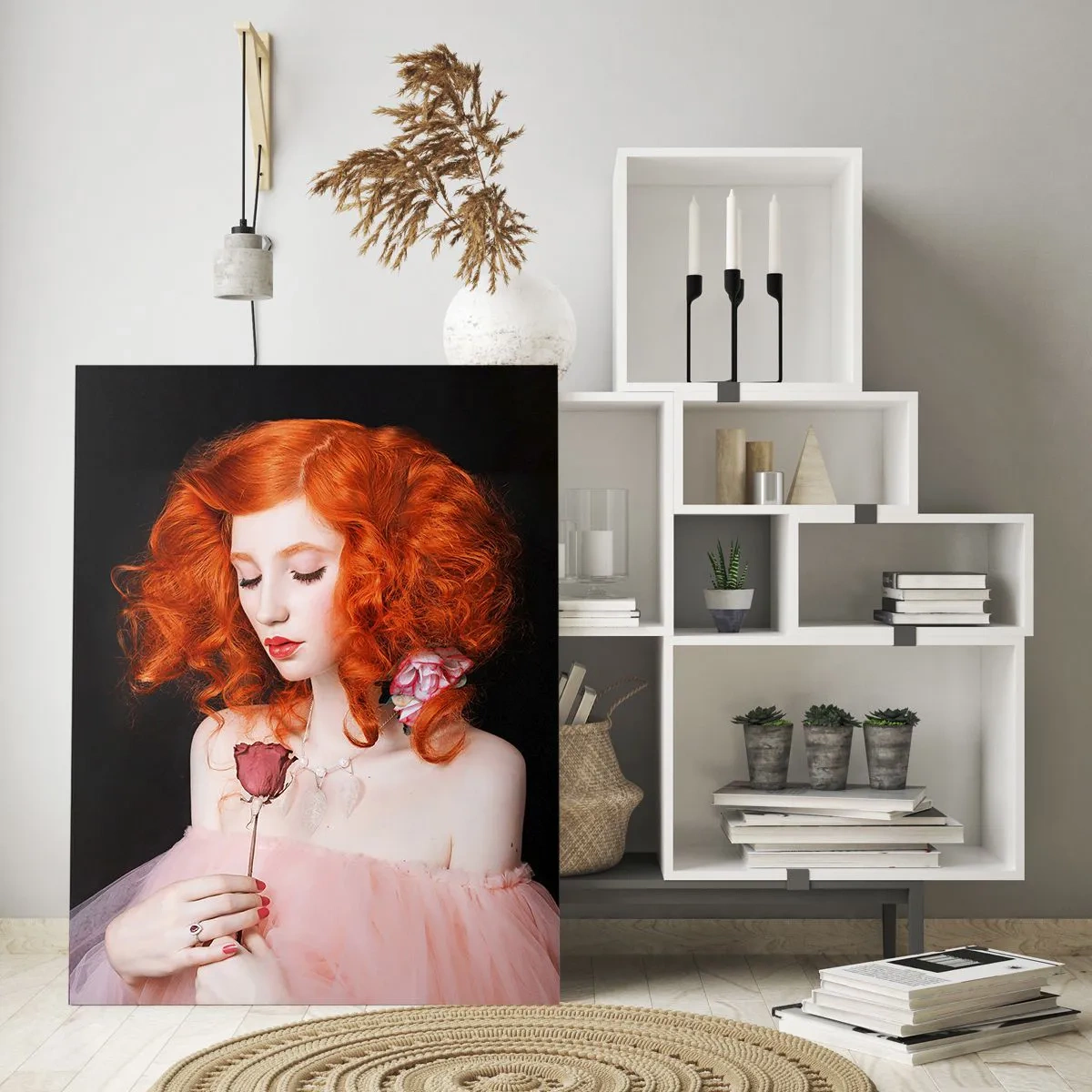 Quadro su vetro - Una donna con i capelli rossi che tiene una rosa - 80x120cm - In stile barocco - Decorazione murale moderna per soggiorno e camera da letto ARTTOR