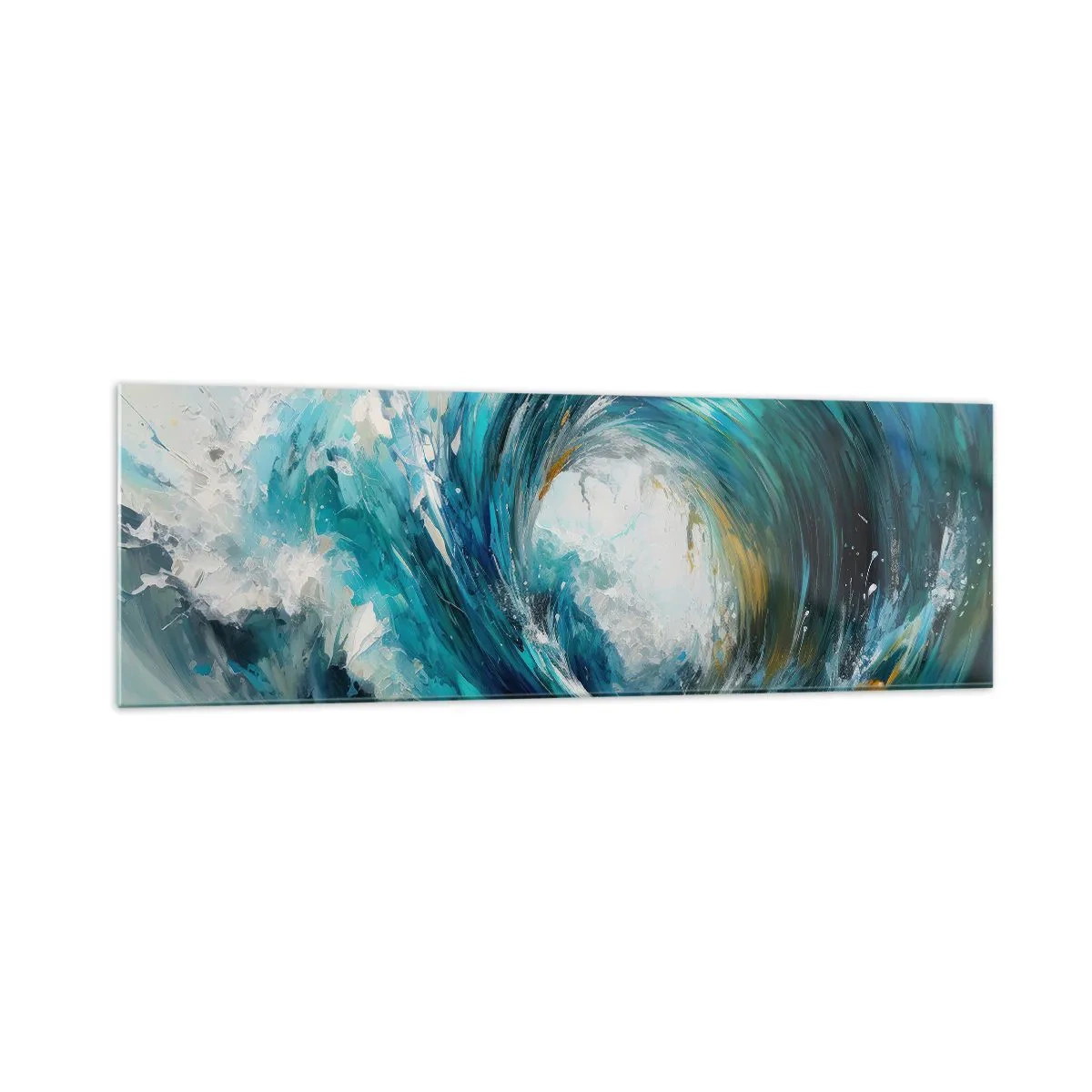 Quadro su vetro - Un'onda dinamica nei toni del blu e del turchese - 160x50cm - Portale marino - Decorazione murale moderna per soggiorno e camera da letto ARTTOR