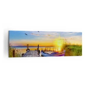 Quadro su tela - Stampe su Tela - Una barca su un molo di legno al tramonto - 160x50cm - A domani - Decorazione murale moderna per soggiorno e camera da letto ARTTOR