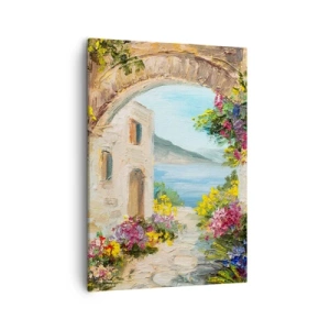 Quadro su tela - Stampe su Tela - Paesaggio marino con edifici in pietra e fiori - 50x70cm - La bellezza della provincia costiera - Decorazione murale moderna per soggiorno e camera da letto ARTTOR
