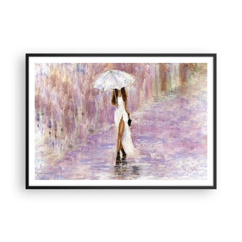Poster in cornice nera - Una donna con un ombrello che cammina sotto la pioggia nei toni del lilla - 100x70cm - Nella pioggia lilla - Decorazione murale moderna per soggiorno e camera da letto ARTTOR