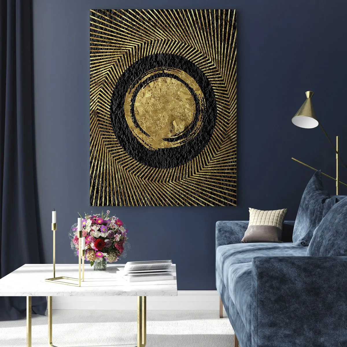 Quadro su vetro - Cerchio dorato con raggi su sfondo nero in stile glamour - 50x70cm - Composizione glamour - Decorazione murale moderna per soggiorno e camera da letto ARTTOR