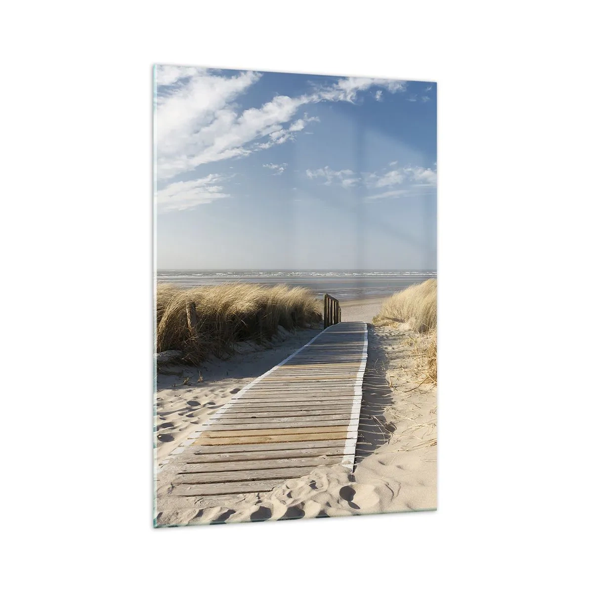 Quadro su vetro - Un sentiero di legno conduce attraverso le dune fino al mare calmo - 70x100cm - Dopo la duna, nel fruscio dell'erba - Decorazione murale moderna per soggiorno e camera da letto ARTTOR