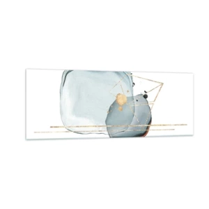 Quadro su vetro - Forme astratte nei toni del blu e dell'oro su sfondo bianco - 140x50cm - Studio di goccia - Decorazione murale moderna per soggiorno e camera da letto ARTTOR