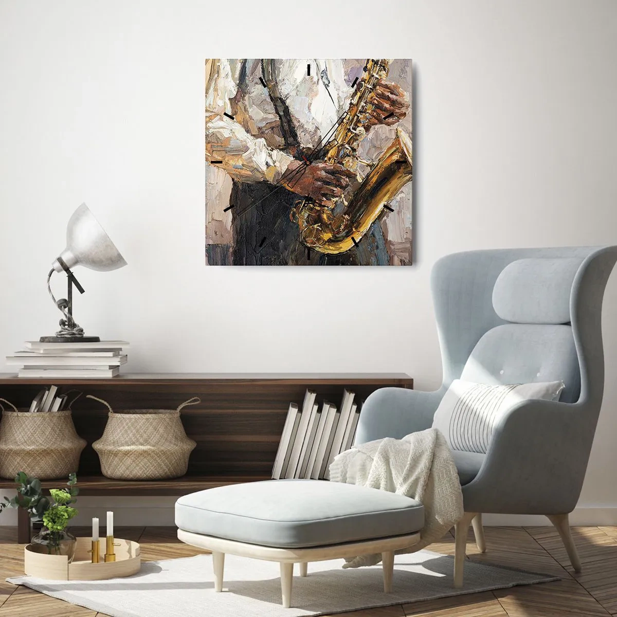 Orologio da parete - Orologio in Vetro - Un musicista che suona il sassofono in uno stile artistico - 30x30cm - Tempo di assolo - Decorazione murale moderna per soggiorno e camera da letto ARTTOR