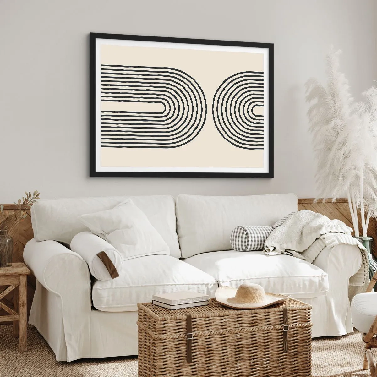 Poster in cornice nera - Motivo geometrico astratto con linee simmetriche su sfondo chiaro - 70x50cm - Tra un attimo... - Decorazione murale moderna per soggiorno e camera da letto ARTTOR