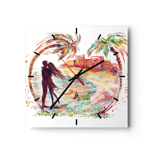 Orologio da parete - Orologio in Vetro - Scena romantica di coppia su una spiaggia con palme in acquerello - 30x30cm - Vacanze romantiche - Decorazione murale moderna per soggiorno e camera da letto ARTTOR