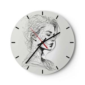 Orologio da parete - Orologio in Vetro - Schizzo in bianco e nero del volto di una donna pensierosa - 30x30cm - Ritratto pensieroso - Decorazione murale moderna per soggiorno, cucina e camera da letto ARTTOR